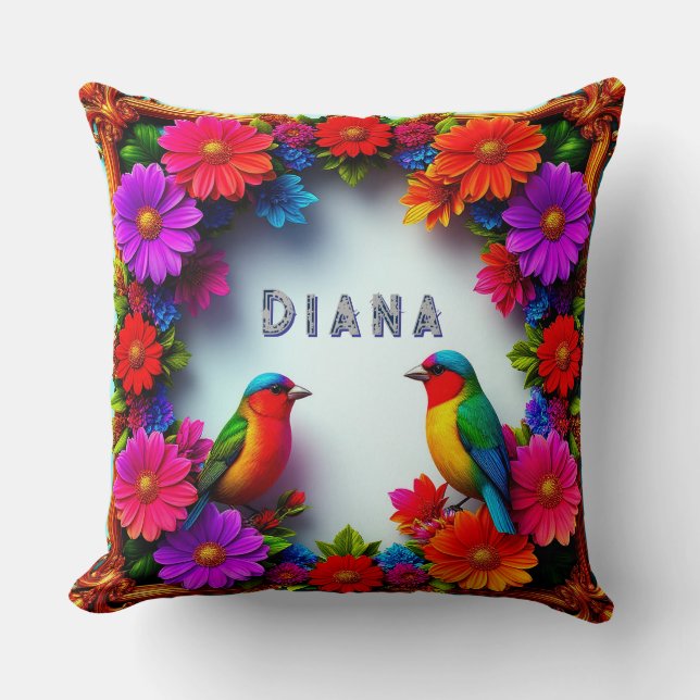 Coussin Oiseaux chanteurs vibrants entourés d'un cadre flo (Recto)