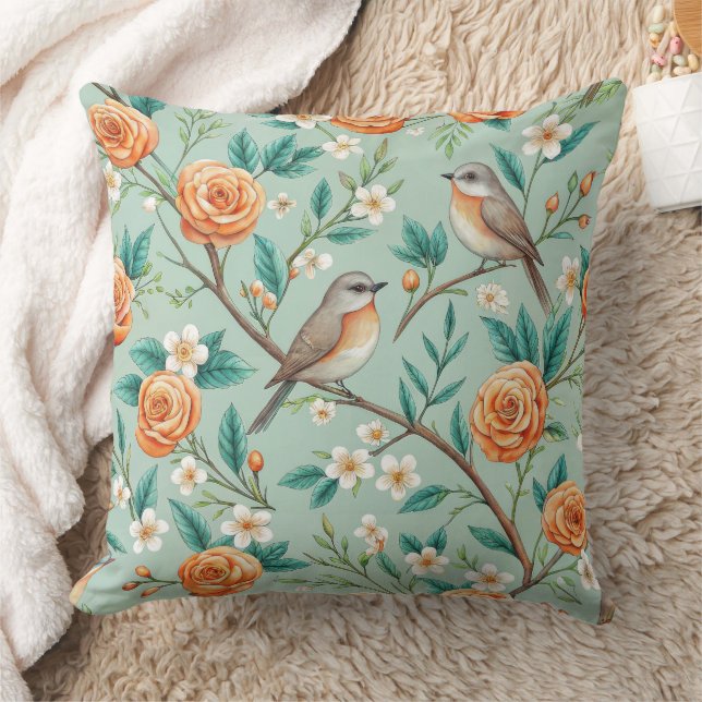 Coussin Oiseaux chanteurs vibrants Fleurs oranges Feuilles (Couverture)