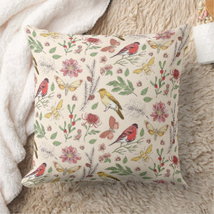 Coussin Oiseaux chanteurs vintage, papillons et botanique 