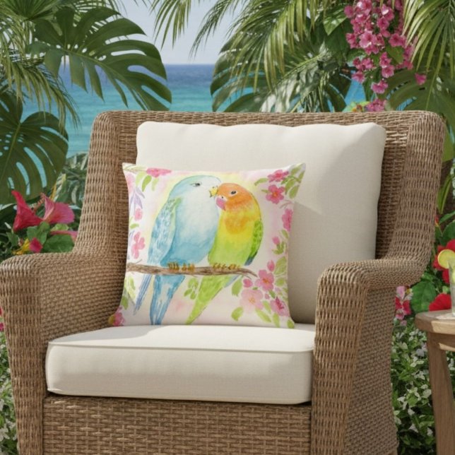 Coussin Oiseaux d'amour à l'aquarelle avec fleurs roses (Créateur téléchargé)