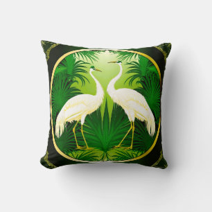 Coussin Oiseaux d'amour de grue vert émeraude à la mode 