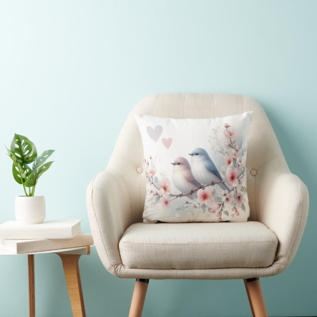 Coussin Oiseaux d'amour romantiques Branche de fleurs de c (Chaise)