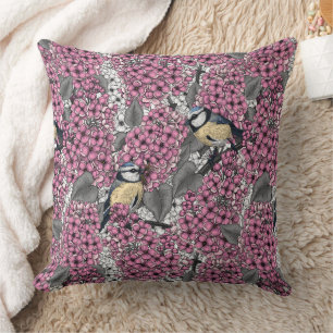 Coussin Oiseaux dans le jardin lilas rose
