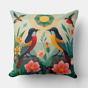 Coussin Oiseaux dans une scène de nature, art faunique mod