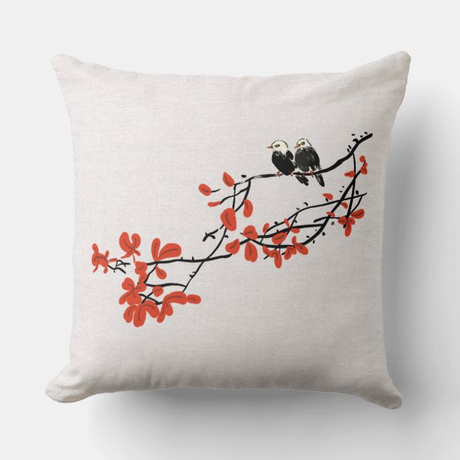 Coussin Oiseaux d'aquarelle rustiques sur la branche d'arb (Recto)