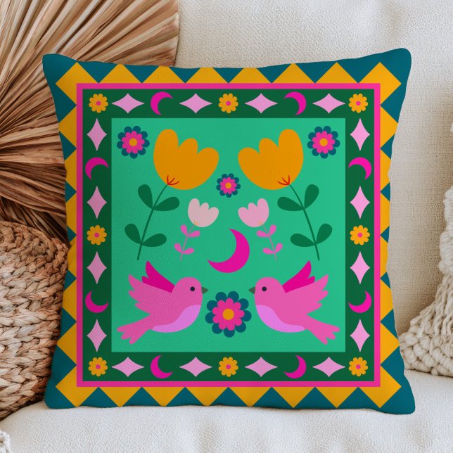 Coussin Oiseaux d'art populaire Dopamine esthétique Coloré (Créateur téléchargé)