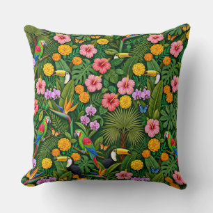 Coussin Oiseaux de jungle colorés gais fleurs tropicales