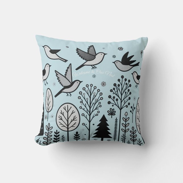 Coussin Oiseaux de la forêt crépusculaire Bleu clair (Recto)