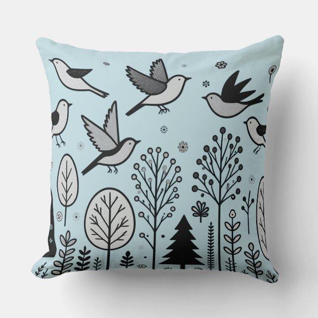 Coussin Oiseaux de la forêt crépusculaire Bleu clair (Recto)