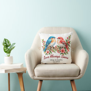 Coussin Oiseaux de l'amour aquarelle personnalisée Mariage