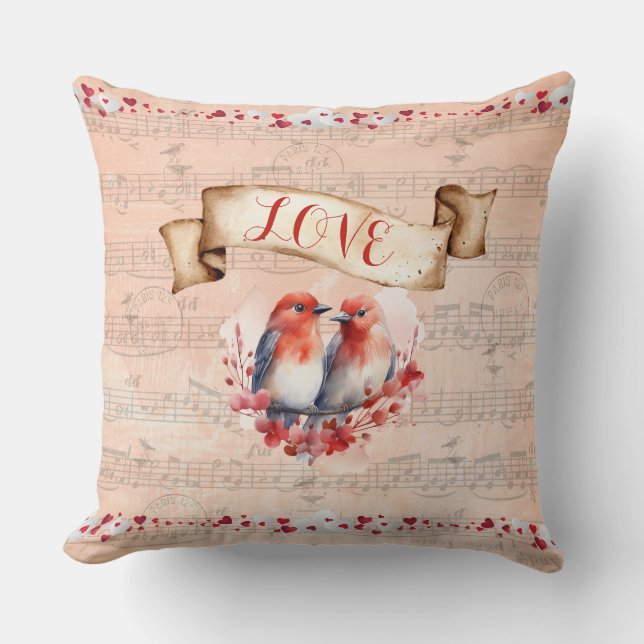 Coussin Oiseaux de l'amour au tampon de Paris avec des not (Recto)