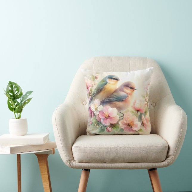Coussin Oiseaux de l'amour doux pastel de printemps Fleurs (Chaise)