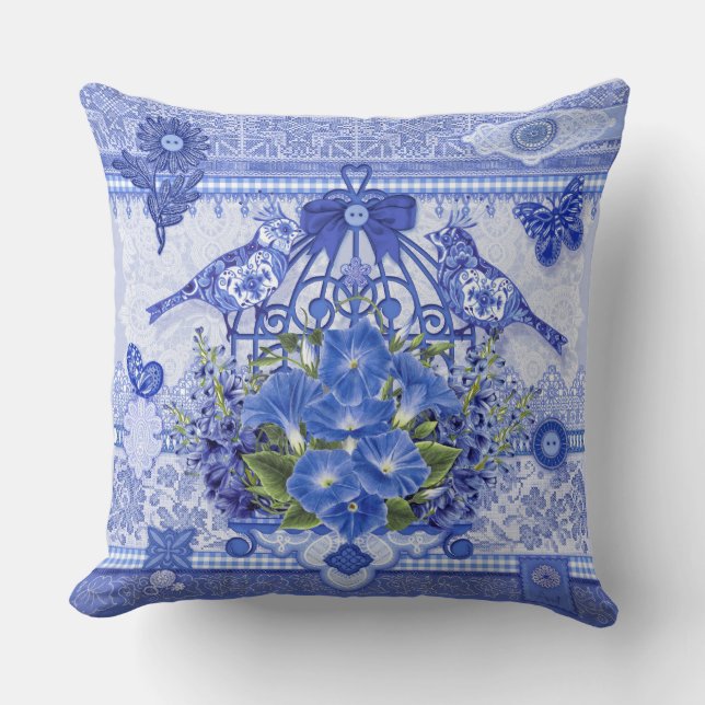 Coussin Oiseaux de porcelaine bleue et cage à oiseaux (Recto)