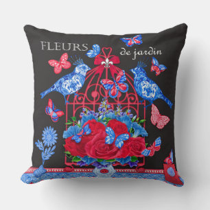 Coussin Oiseaux de porcelaine de fleur et Oiseaux en cage