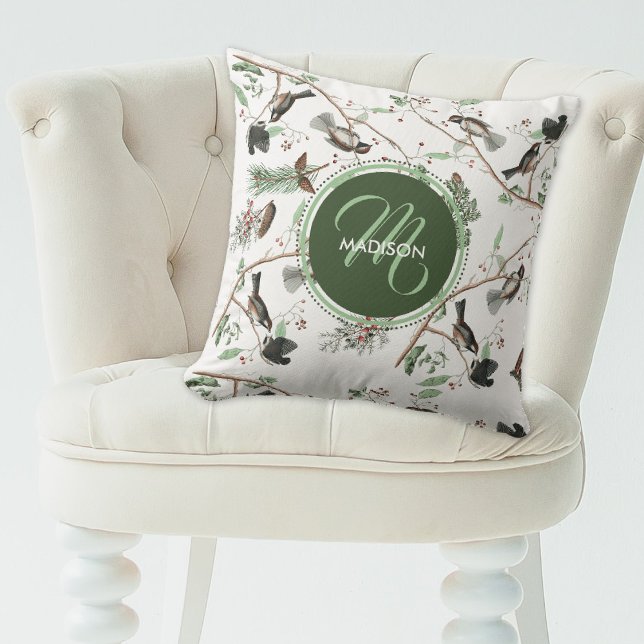 Coussin Oiseaux de poulet Berries et Pinecones Monogrammes (Chickadee Birds Berries & Pinecones Monogrammed Throw Pillow)