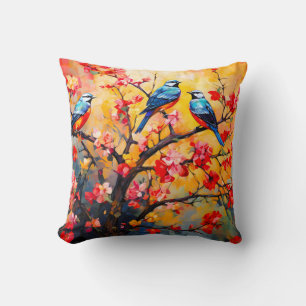 Coussin Oiseaux de printemps colorés en fleurs