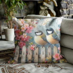 Coussin Oiseaux de printemps et fleurs