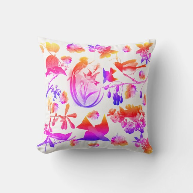 Coussin OISEAUX DE PRINTEMPS, PLUMES ET FRUITS Floral Rose (Recto)