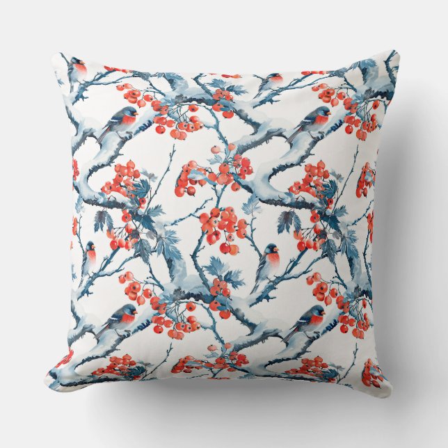 Coussin Oiseaux de titane, branches de neige hivernale, ra (Recto)