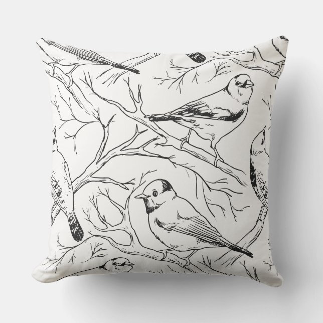 Coussin Oiseaux dessinés à la main motif noir et blanc Mod (Recto)