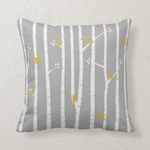 Coussin Oiseaux en jaune de blanc gris d'arbres de bouleau