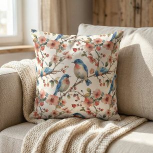 Coussin Oiseaux et fleurs Aquarelle Vintage