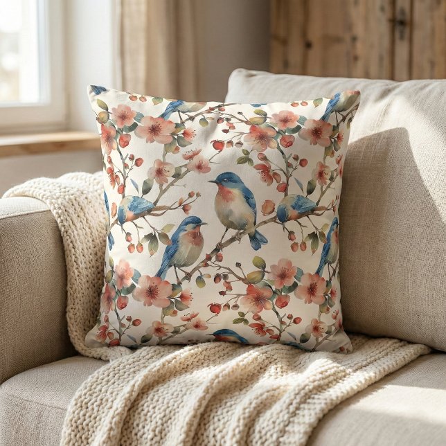 Coussin Oiseaux et fleurs Aquarelle Vintage (boho rustic vintage elegant bluebird floral blossom throw pillow)