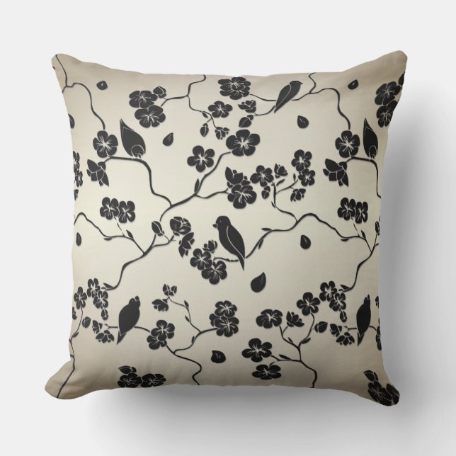 Coussin Oiseaux et fleurs de cerisier à motif noir sur bro (Recto)