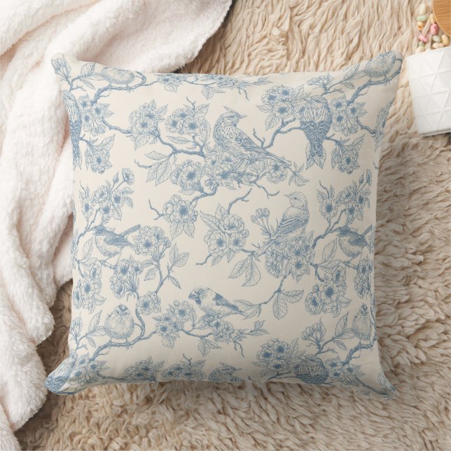Coussin Oiseaux et fleurs de cerisier en bleu et blanc cas (Couverture)