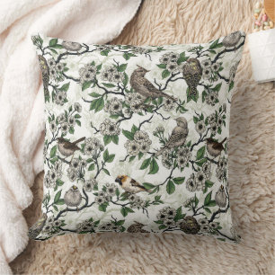 Coussin Oiseaux et fleurs de cerisier sur fond blanc
