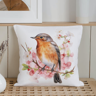 Coussin Oiseaux et fleurs printaniers à l'aquarelle