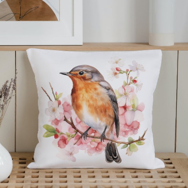 Coussin Oiseaux et fleurs printaniers à l'aquarelle (Créateur téléchargé)