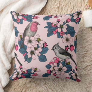 Coussin Oiseaux et fleurs roses
