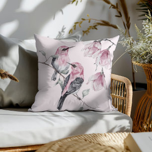 Coussin Oiseaux et fleurs roses en aquarelle
