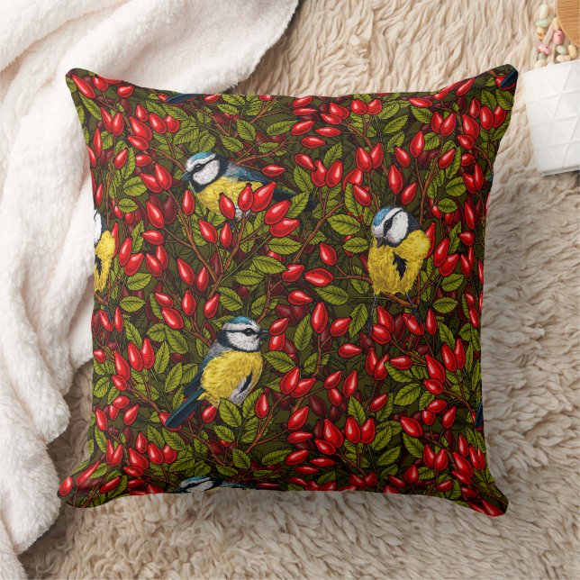 Coussin Oiseaux et hanches roses de chien, vert et rouge (Couverture)
