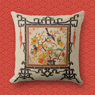 Coussin Oiseaux et papillons avec bordure en bambou