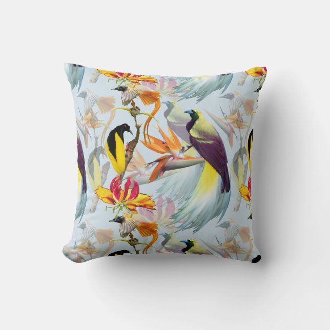 Coussin Oiseaux exotiques du Paradis et fleurs Aquarelle (Recto)