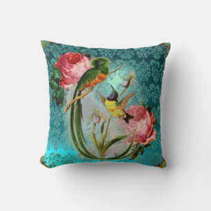 COUSSIN OISEAUX EXOTIQUES ET ROSES ROSES ROSES AQUA BLEU,