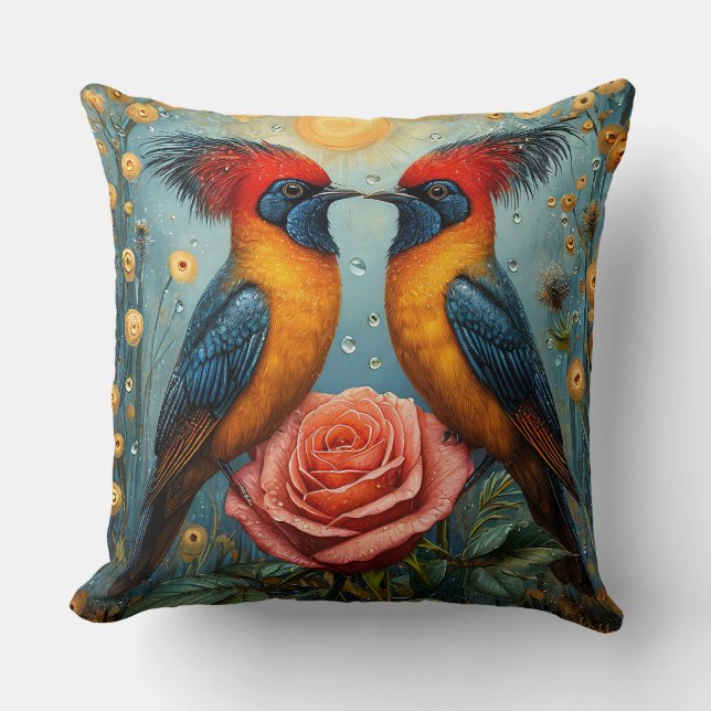 Coussin Oiseaux Exotiques Miroirs Au-Dessus de Rose Rose R (Recto)