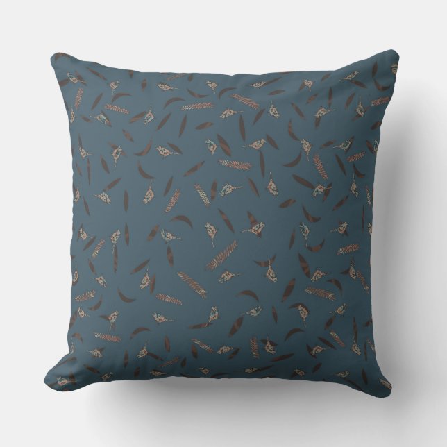 Coussin Oiseaux Feuilles Bleu Poussiéreux Terracotta & Mar (Recto)