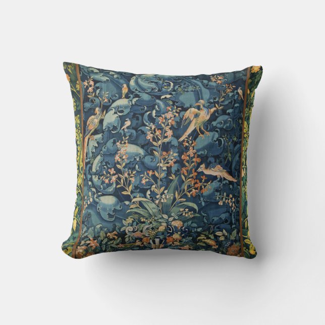 Coussin OISEAUX, FLEURS ET FEUILLES DE CABBAGE, Bleu (Recto)