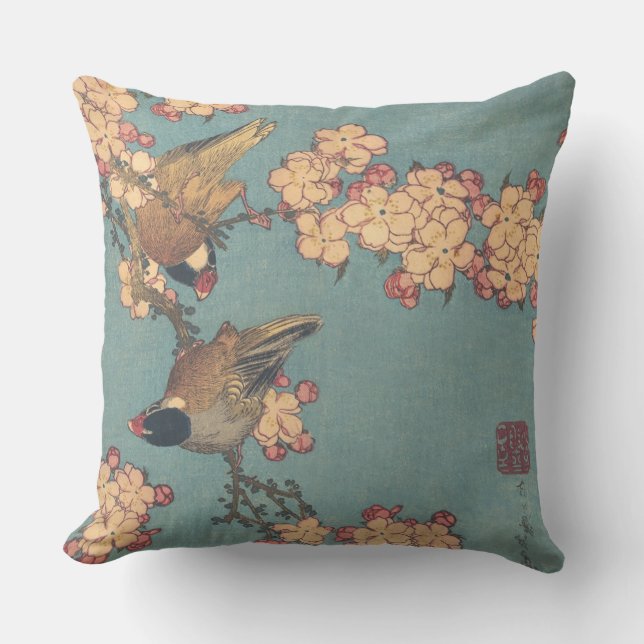 Coussin Oiseaux Fleurs Hokusai Art Japonais (Recto)