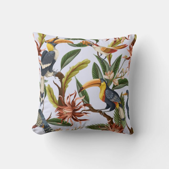 Coussin Oiseaux & Fleurs : Motif Vintage tropical. (Recto)