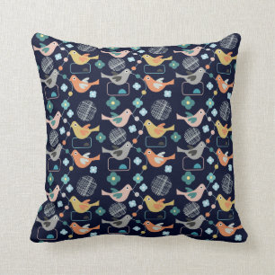 Coussin Oiseaux Fleurs Rétro Moderne Motif du milieu du s