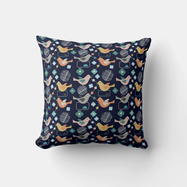 Coussin Oiseaux Fleurs Rétro Moderne Motif du milieu du si (Recto)