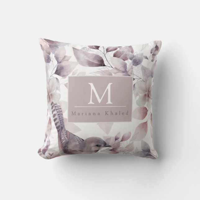 Coussin Oiseaux floraux Nature violette et blanche (Recto)