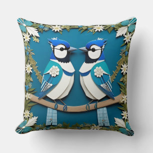 Coussin Oiseaux geai bleu en papier découpé
