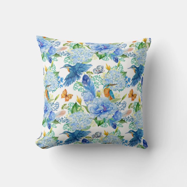 Coussin Oiseaux Humides Et Hydrangée Bleue (Recto)