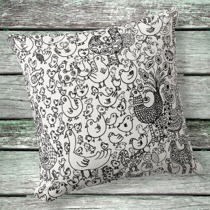 Coussin Oiseaux Illustration noir et blanc Main dessinée