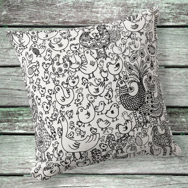 Coussin Oiseaux Illustration noir et blanc Main dessinée (Créateur téléchargé)